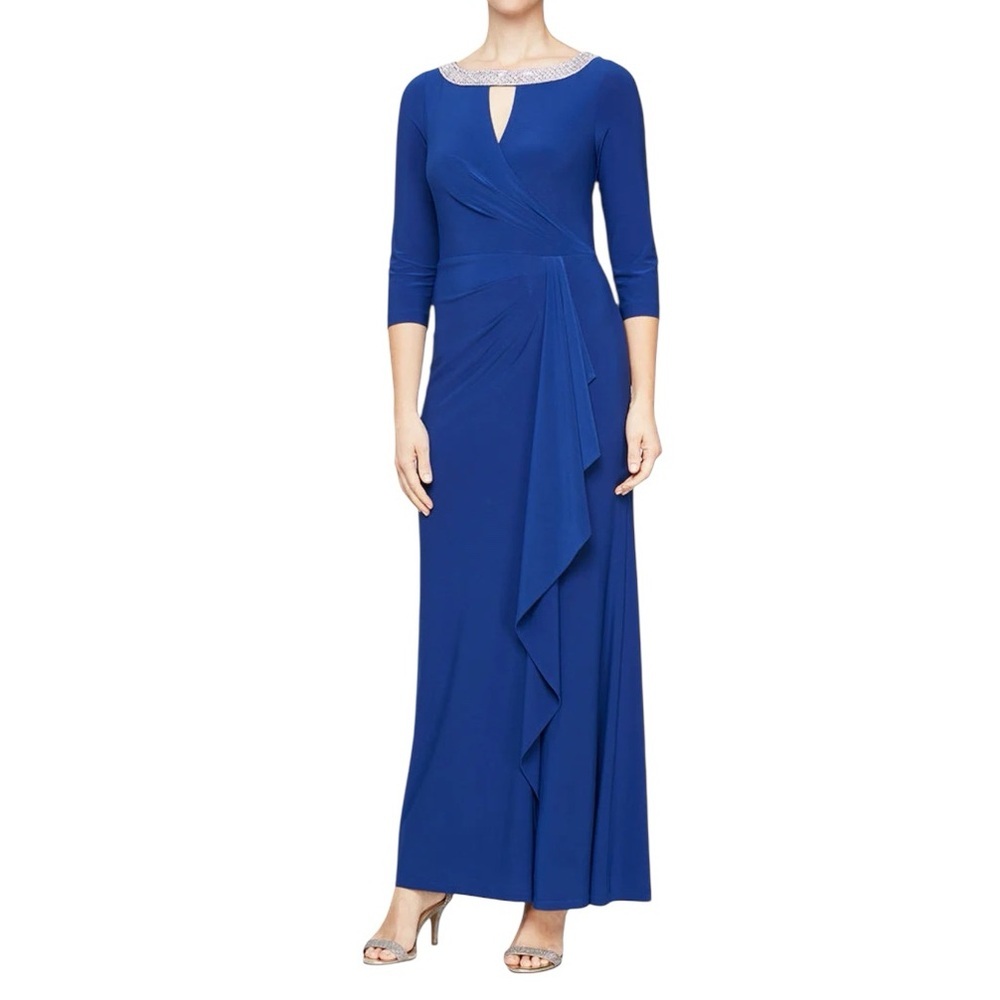 Alex Evenings Elegant Embellished Keyhole Bateau Neckline Royal Blue Gown 8P